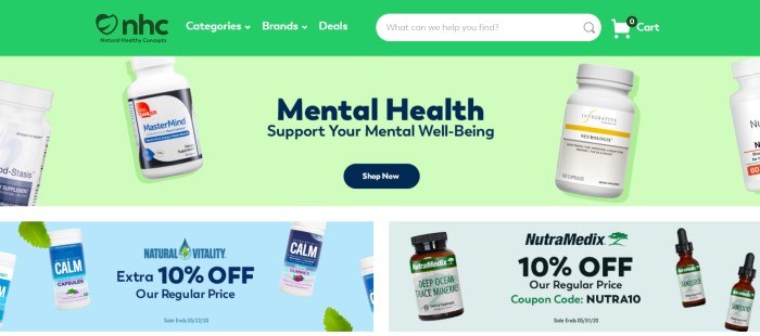 This screenshot of the home page for Natural Healthy Concepts includes a bright green navigation and search bar above a paler green background with images of nutritional supplement bottles, black text announcing mental health options, and a black call to action button, along with a section on the lower end of the page with two sales announcements in blue and green backgrounds.