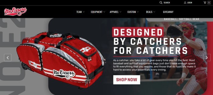 This screenshot of the home page for No Errors has a black header and navigation bar above a main section with a black and gray background and a photo of a red catcher's gear bag, along with text in red and white describing catcher's gear and bags, as well as a white call to action button.