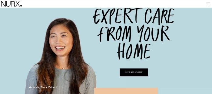 This screenshot has a white header above a photo with a light blue background and a smiling Asian woman in a gray sweater, along with black text announcing Nurx care and a black call to action button.