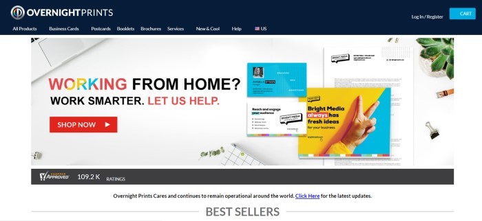 This screenshot of the home page for Overnight Prints has a black header and navigation bar with white text above a white main section with an overhead photo showing various printed materials, including brochures, flyers, and business cards in blue, yellow, and white, along with text in red, yellow, blue, and black and a red call to action button.