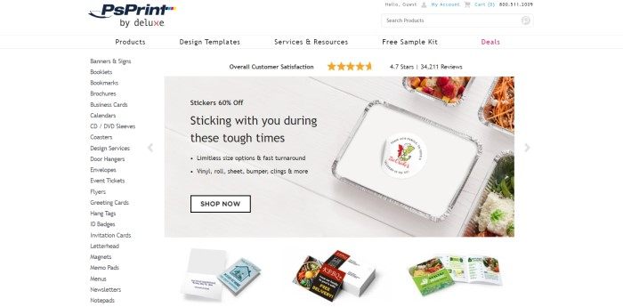 This screenshot of the home page for PsPrint has a white header with a search bar and navigation bar, a white category list along the left side of the page, and a photo in the center of the page showing printed stickers on freezer meals in foil packages lying on a white painted table, above a row of various printed products such as business cards.