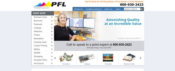 This screenshot of the home page for PrintingForLess has a white header, a blue navigation bar, a white column along the left side of the page showing product categories, a photo in the main section showing a smiling blonde woman in a black shirt and a headset sitting in front of a computer monitor, and a gray announcement section with black text inviting customers to call a print expert to ask questions.