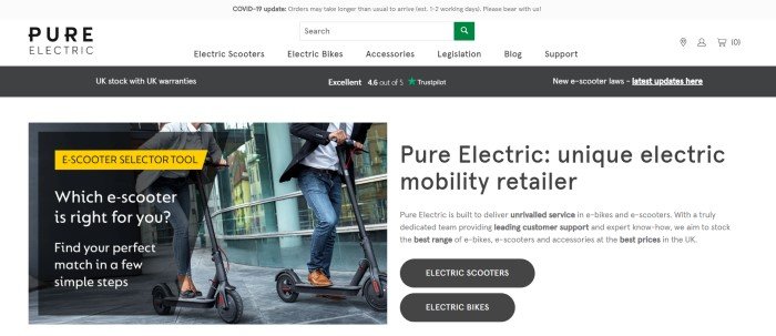 This screenshot of the home page for Pure Electric has a white and black header above a photo of a man and a woman in jeans, white shirts, and business jackets riding on electric scooters down a city sidewalk, next to a white section on the right side of the page with black text and a black call to action button.