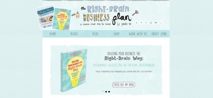 This screenshot of the home page for Right Brain Business Plan has an aqua background and navigation bar above a white main section with an aqua text box containing a photo of the Right Brain Business Plan book, along with text in black and aqua, and a white call to action button.