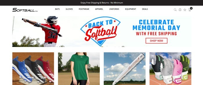 This screenshot of the home page for Softball.com has a black header, a white navigation bar, and a photo of a softball player in a black helmet, red shirt, and black and white striped pants swinging a black and white bat over his shoulder, along with red and white announcements for Memorial Day sales, above a final row of product images that include shoes, bats, gloves, and tee shirts in varying colors.