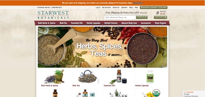 This screenshot of the home page of Starwest Botanicals includes a orange header above a beige background, a maroon shopping navigation bar, and a main section with a white background, a large overhead photo showing various bulk herbs in tin canisters or lying loose on a wooden table, and rows of smaller photos showing individual products for sale, including a mortar and pestle, bulk tea, essential oils, and herbal capsule