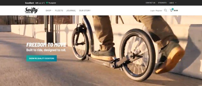 This screenshot of the home page for Swifty Scooters has a black header, a white navigation bar, and a photo of a man's feet with brown pants and dark shoes riding on an electric scooter down a city sidewalk, along with white text and a teal call-to-action button.