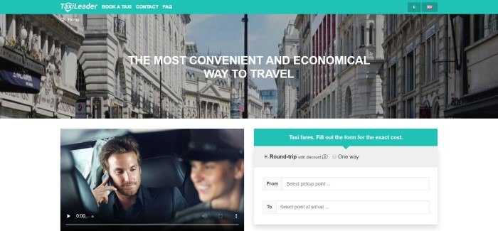 This screenshot of the home page for TaxiLeader has an aqua navigation bar with white text above a photo of a European street, behind white text announcing the best way to travel, and a lower section with a photo of a man in a taxi on the left side of the page and a search section on the right side of the page.
