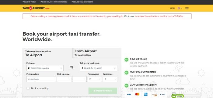 This screenshot of the home page for Taxi2Airport has a black and yellow header, a red and white announcement section, a white background with black text, and a gray search section for looking up possible taxi bookings, along with a green call to action button.