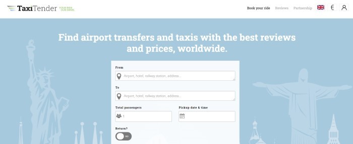 This screenshot of the home page for TaxiTender has a white header and navigation bar above a blue background with white iconic travel images such as the Statue of Liberty, along with white text and a gray search bar for taxi bookings.