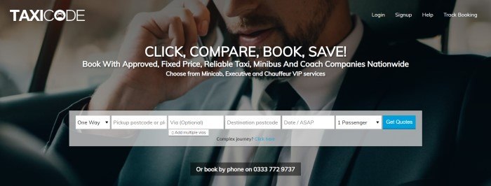 This screenshot of the home page for Taxicode has a dark filtered photo of a bearded man in a blue business suit sitting inside a vehicle talking on a mobile phone, behind white text and a gray search section with a blue call to action button.