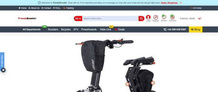 This screenshot of the home page for Trendy Scooter has a pale blue header, a dark secondary header, a white sales bar, a black navigation bar, and a white background for the main section, which also contains a photo of the top parts of two electric scooters in black.