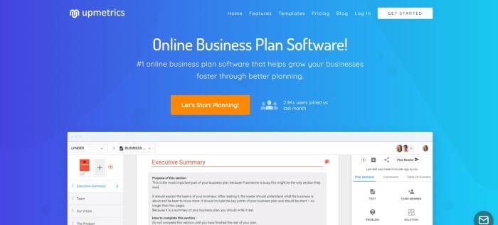 This screenshot of the home page for Upmetrics has a blue background with white text announcing online business plans software, along with an orange call to action button and a white screenshot on the lower edge of the page showing how the software works to create an executive summary.