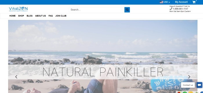 This screenshot of the home page for Vitalzen Health has a blue header, a white navigation bar and background, and a large photo of a man in blue shorts and a black shirt relaxing on an acupressure mat at a beach, along with black text announcing a natural painkiller.