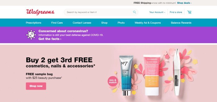 This screenshot for the home page of Walgreens has a gray header, a white search bar, a teal navigation bar, a purple information bar containing an invitation to learn more about COVID-19, and a main section with a photo of several beauty products against a pink background, along with a sales announcement for cosmetics, nail care items, and accessories.