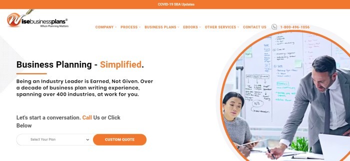 This screenshot of the home page for Wise Business Plans has an orange header above a page with white background, orange and black text, and a circular still shot from a marketing video on the right side of the page, as well as an orange call to action button.