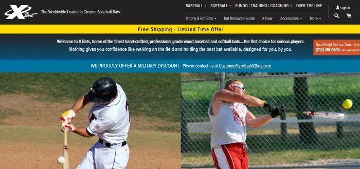 This screenshot of the home page for X Bat has a black header and navigation bar with white text and a yellow announcement strip above a blue military discount strip and two side-by-side photos of men in white shirts swinging bats on a softball field.