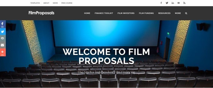 This screenshot of the home page for Film Proposals has a black header with white text above a blue lit screen in an empty movie theater, with white text inviting customers to Film Proposals.