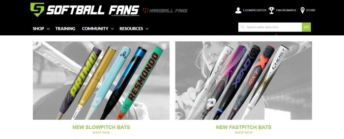 This screenshot of the home page for Softball Fans has a black header with white text above a white main section with two side-by-side photos showing aluminum bats in varying colors above green text inviting customers to shop for slowpitch or fastpitch bats.