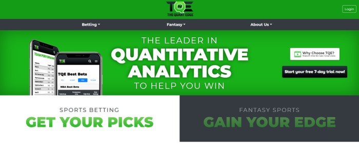 This screenshot of the home page for The Quant Edge has a bright green header and background with a black navigation bar, a photo showing screens from the Quant Edge app on mobile devices, white text, a black call to action button, and a white text section with green and black text on the left side of the page and a black text section with white and green text on the right side of the page.