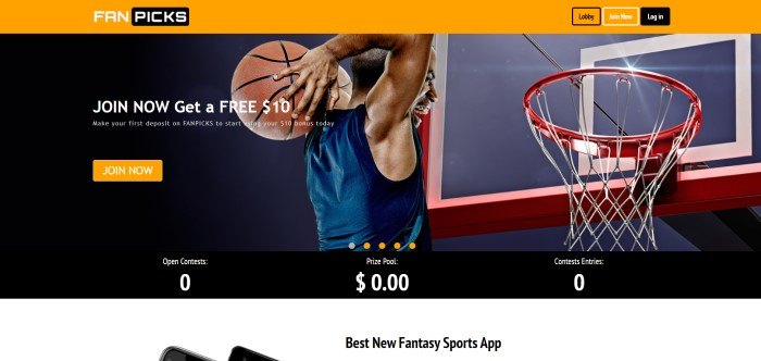 This screenshot of the home page for FanPicks has an orange header above a photo of a dark-skinned basketball player in a blue shirt slamming a basketball into a hoop, along with white text and an orange call to action button.