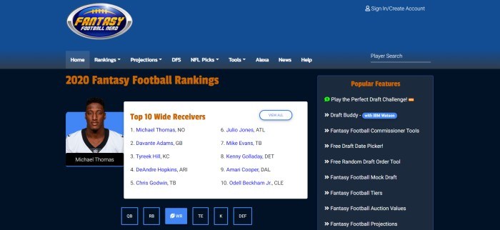 This screenshot of the home page for Fantasy Football Nerd has a dark blue header with a blue and white navigation bar above a black main section with a photo of a player on the left side of the page, a white text section with orange and blue text in the center of the page announcing the top 10 wide receivers, and a black text section with white text on the right side of the page announcing popular features.