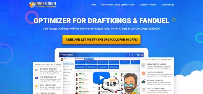 This screenshot of the home page for Draft Dash has a blue background with white text and an orange call to action button above an image of draft dashboard open on a screen, with inserts showing the 15 tools and how to use them.