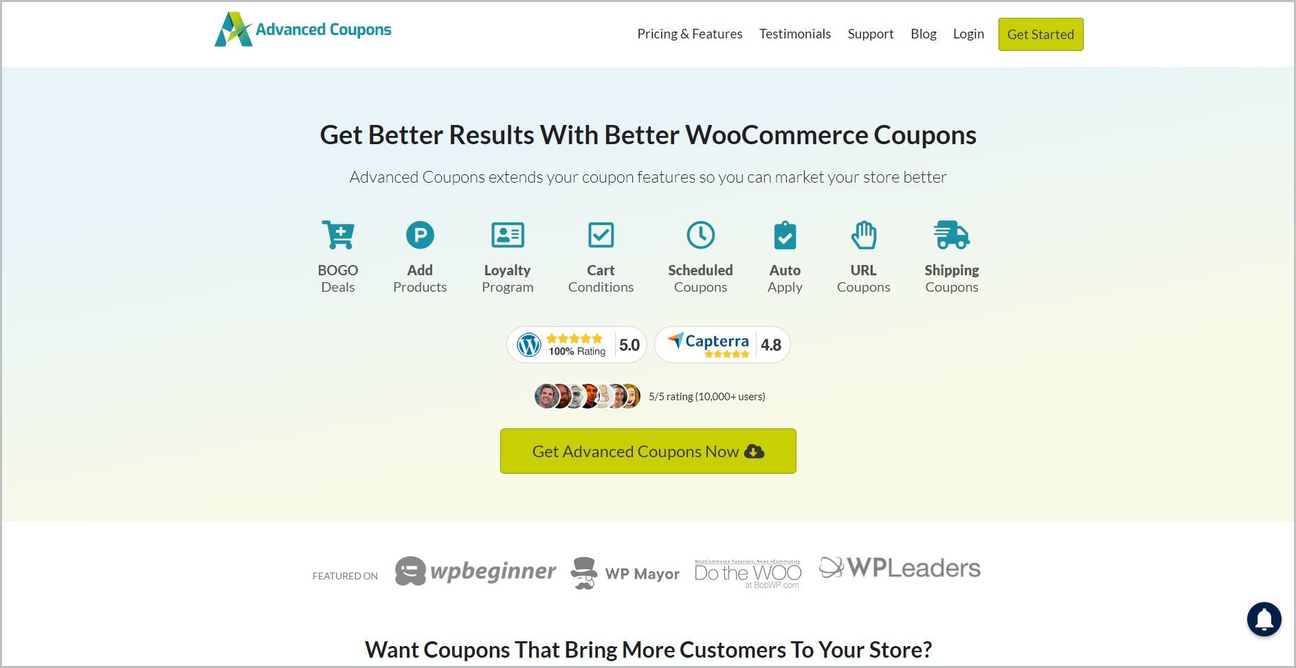 screenshot of Advanced Coupons homepage, with white header bearing the website's name and main navigation menu