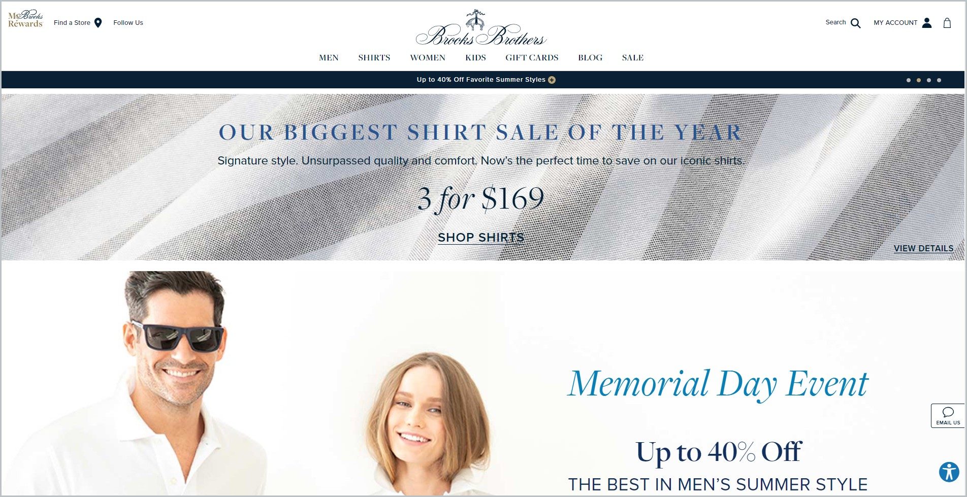 screenshot of Brooks Brothers homepage with a male and female model for main image