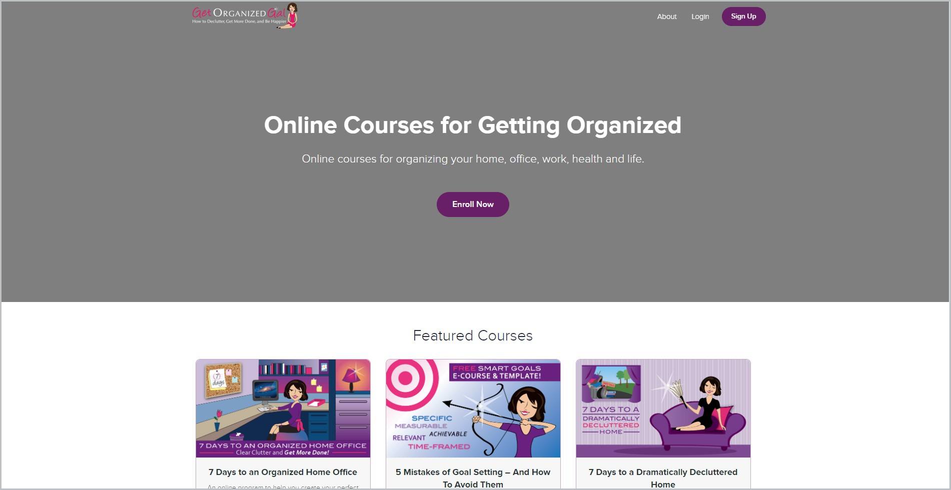 screenshot of Get Organized Gal homepage, with grey header with the website's name and main navigation menu, it showcases some of the online courses they offer