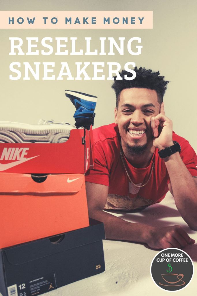 man in red t-shirt surrounded with box of sneaker with text on top, "How To Make Money Reselling Sneakers"