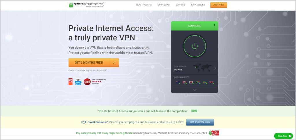 screenshot of Private Internet Access web page