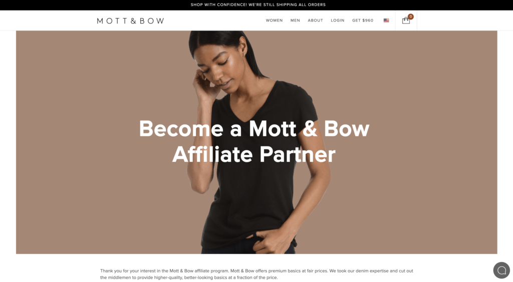 screenshot of the affiliate sign up page for Mott & Bow