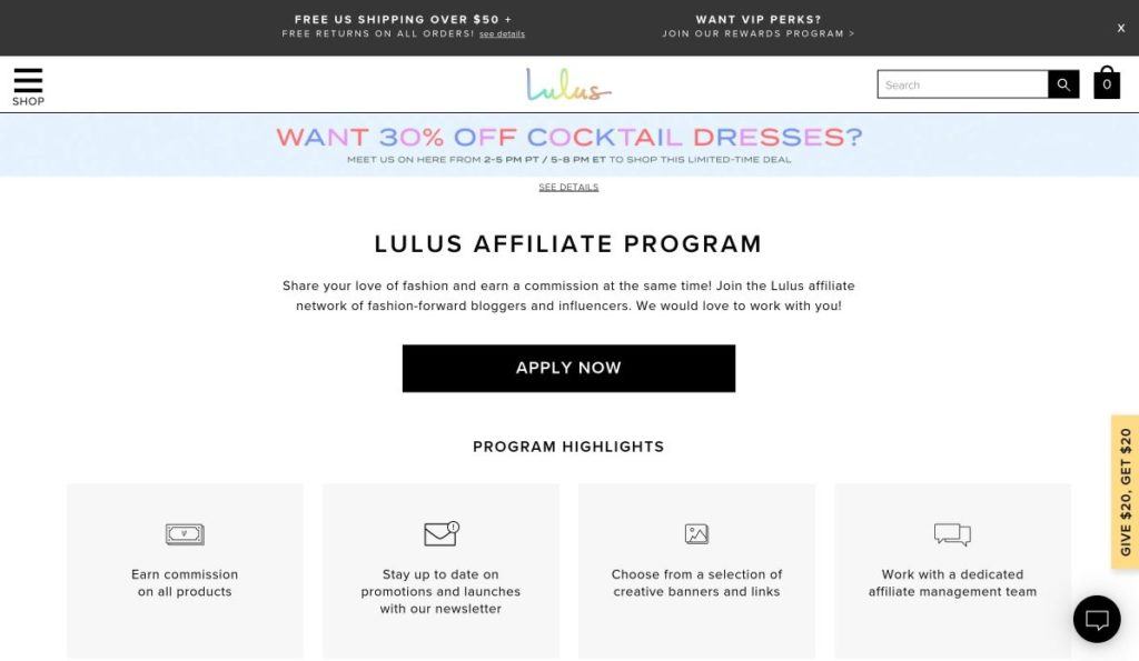 lulus affiliate program signup screenshot