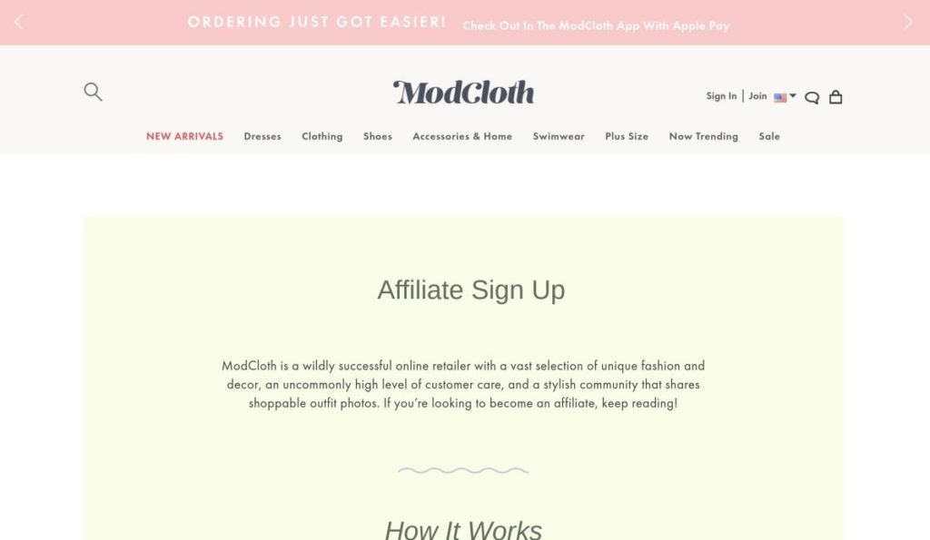 modcloth affiliate sign up screenshot