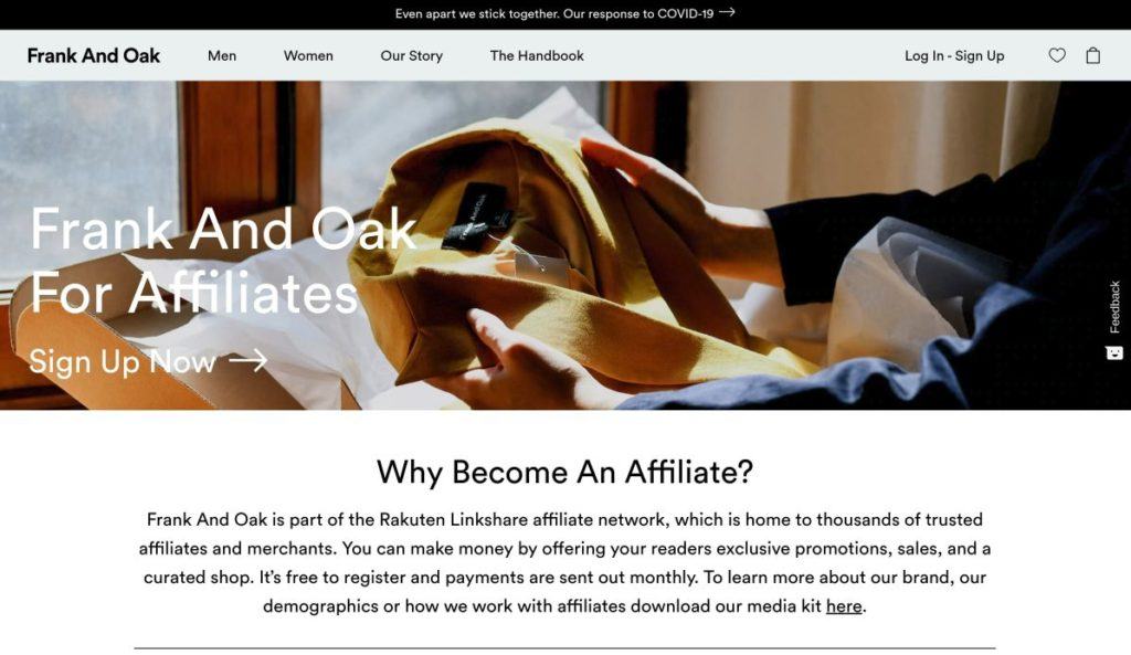 frank and oak affiliate signup screenshot