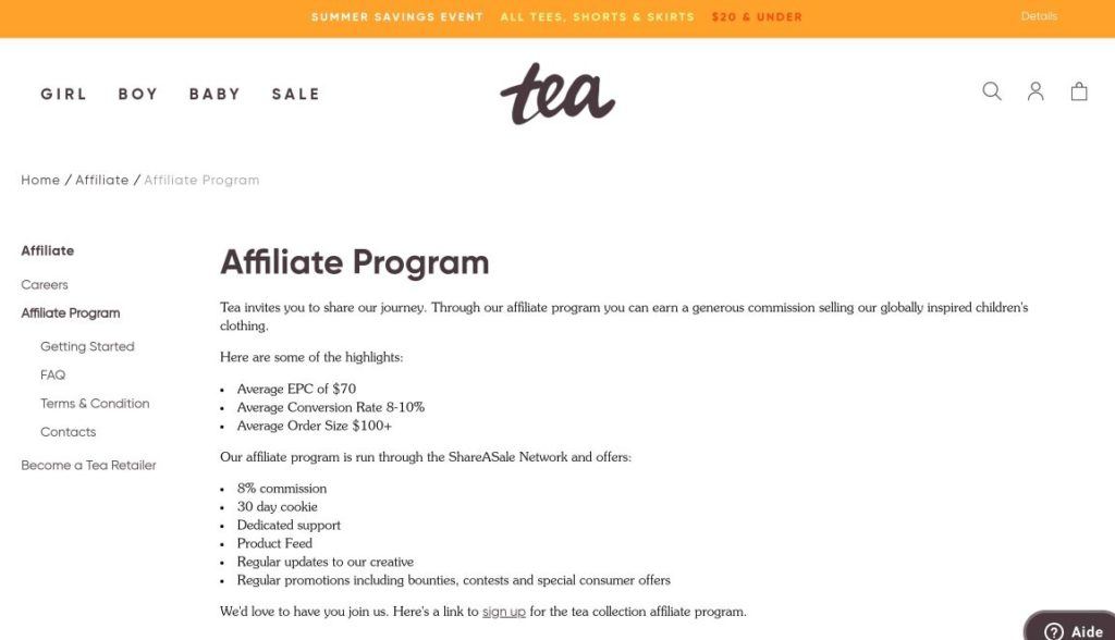 tea collection affiliate program screenshot