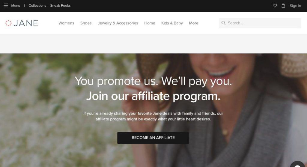 jane affiliate program signup screenshot