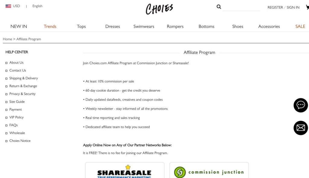 choies affiliate program screenshot 