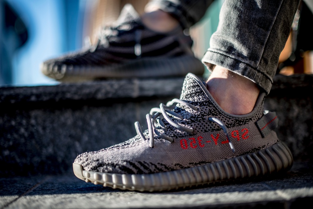 dark grey yeezy with red stitching