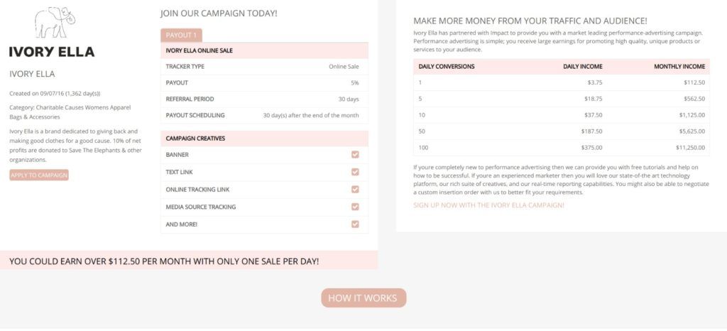 screenshot for ivory ella affiliate program