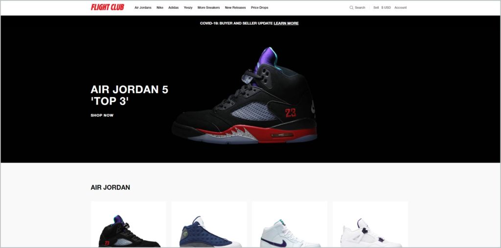 screenshot of flightclub.com website