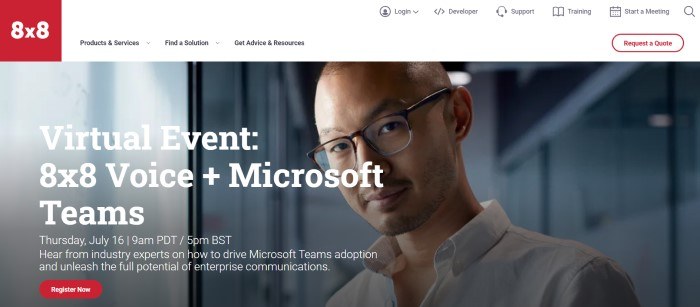 This screenshot of the home page for 8x8 has a red logo, a white navigation bar, and a large photo of a smiling man in a business shirt and glasses behind white text announcing a virtual event, along with a red call to action button.