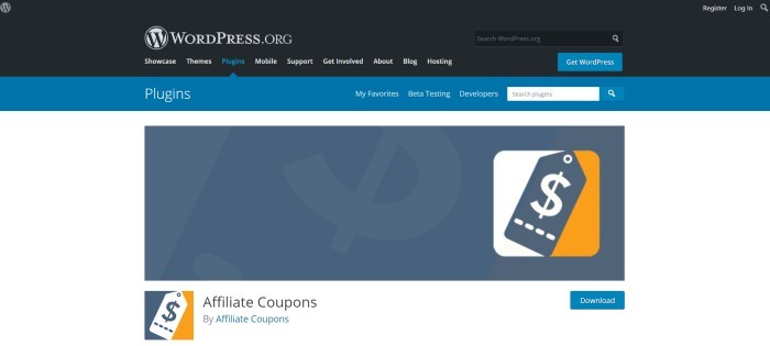 This screenshot of the home page for Affiliate Coupons has a black navigation bar, a blue secondary navigation bar, and a white background with graphics in slate blue, orange, and white announcing the Affiliate Coupons WordPress plugin.