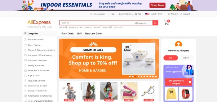 This screenshot of the home page of Ali Express has a multicolored shopping advertisement in the header above a white background in the main section, search bar, and navigation bar, with a column of categories on white and gray background with black text on the left side of the page, an orange and white advertisement in the center of the page above a row of small photos of products, and a graphics section in white, orange, red, and purple on the right side of the page inviting people to join Ali Express.