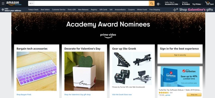 This screenshot of the home page for Amazon.com has a black search bar and navigation bar above a dark banner announcing academy award nominees in Amazon Prime Video, along with a row of products including a purple keyboard, a potted plant, a home fitness machine, and box of tax software.