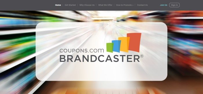 This screenshot of the home page for Brandcaster has a charcoal navigation bar above a blurry photo that appears to be a multi-colored grocery aisle behind a white text section with gray lettering announcing Brandcaster.