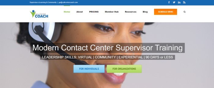 This screenshot of the home page for Call Center Coach has a blue header, a white navigation bar with an orange call to action button, and a large photo of a smiling woman with dark eyes and dark hair, wearing a headset, behind white text and two call to action buttons in blue and green.