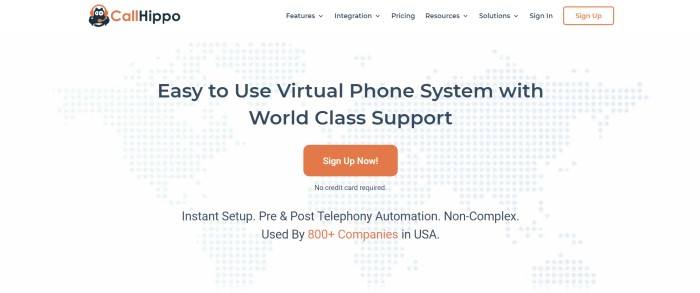 This screenshot of the home page for CallHippo has a white navigation bar, a main section with a white background and gray dots forming the shapes of Earth's continents, black text centered in the main section, and an orange call to action button.