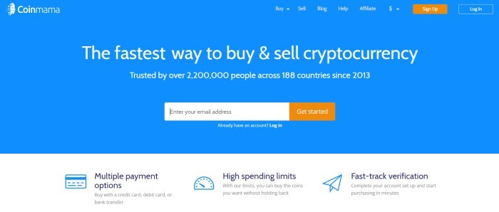 This screenshot of the home page for Coinmama has a blue background with white text, a search bar, and two orange call-to-action buttons.